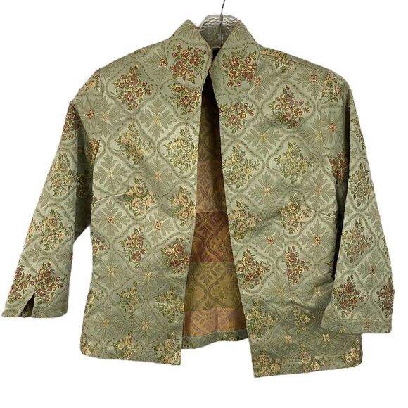 Vintage Silk Green Asian Floral Open Jacket Size Small - Picture 1 of 4